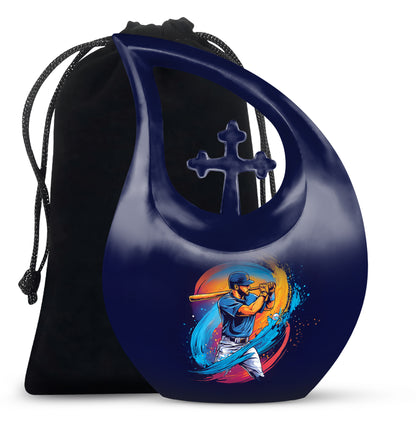 Calming Blue Baseball Cremation Urn top-down view of secure threaded lid - devotional cross-drop baseball engraving - full-size 10 inch 200 cubic inch adult cremation urn