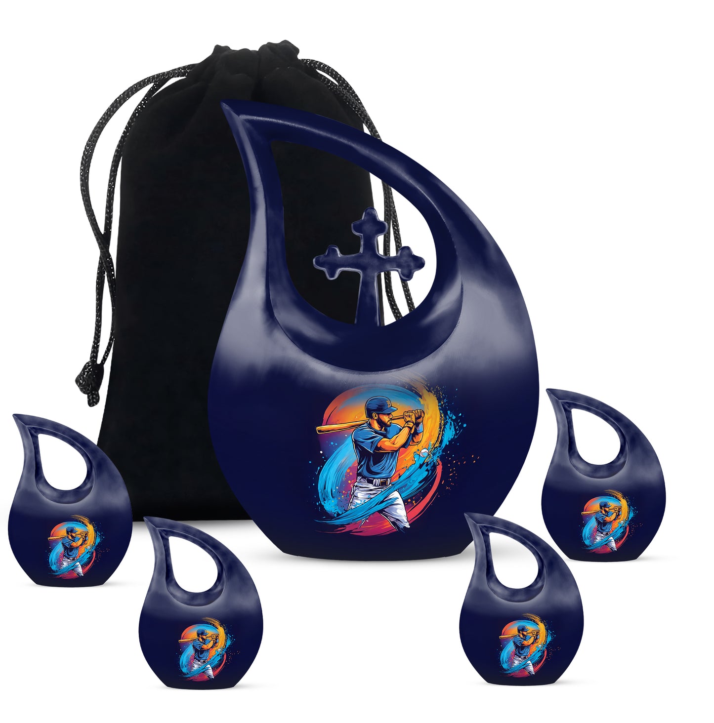 Serene Blue Baseball Cremation Urn urn with complimentary velvet bag - faith-inspired cross-drop urn with baseball pattern - memorial set with one large and four small urns
