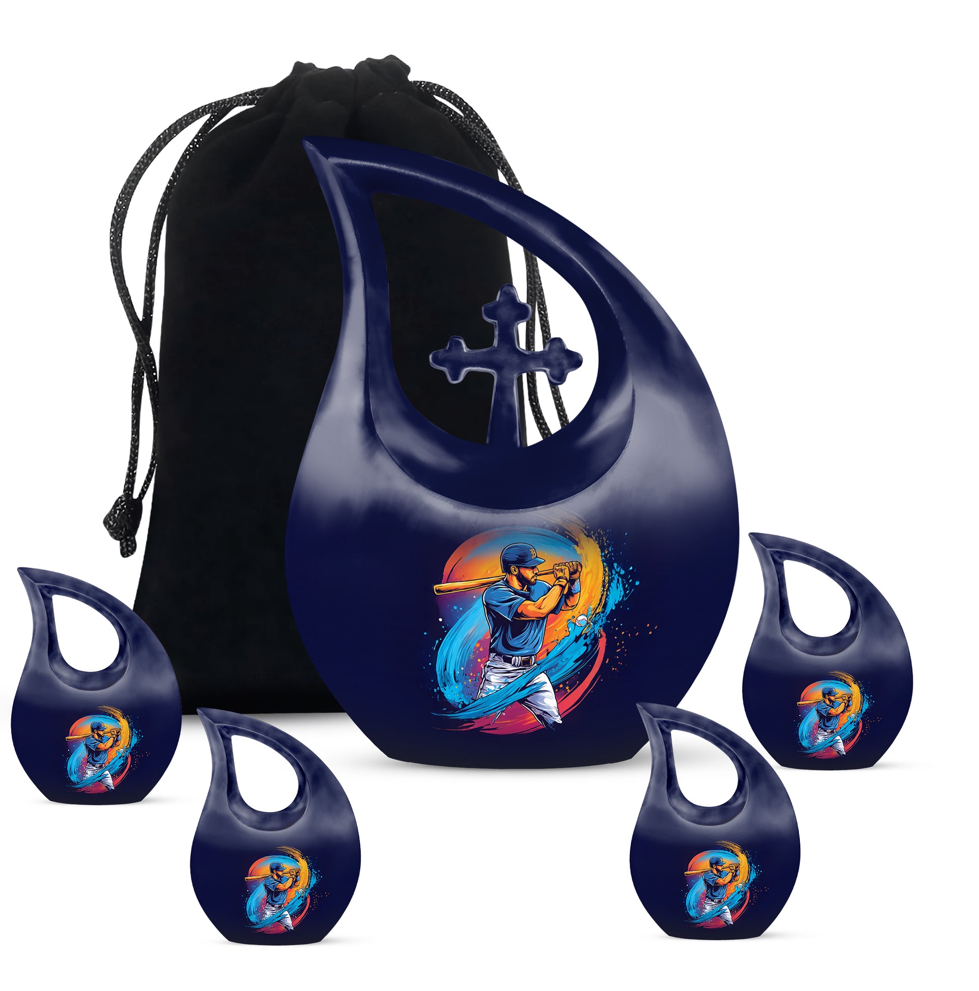 Serene Blue Baseball Cremation Urn urn with complimentary velvet bag - faith-inspired cross-drop urn with baseball pattern - memorial set with one large and four small urns