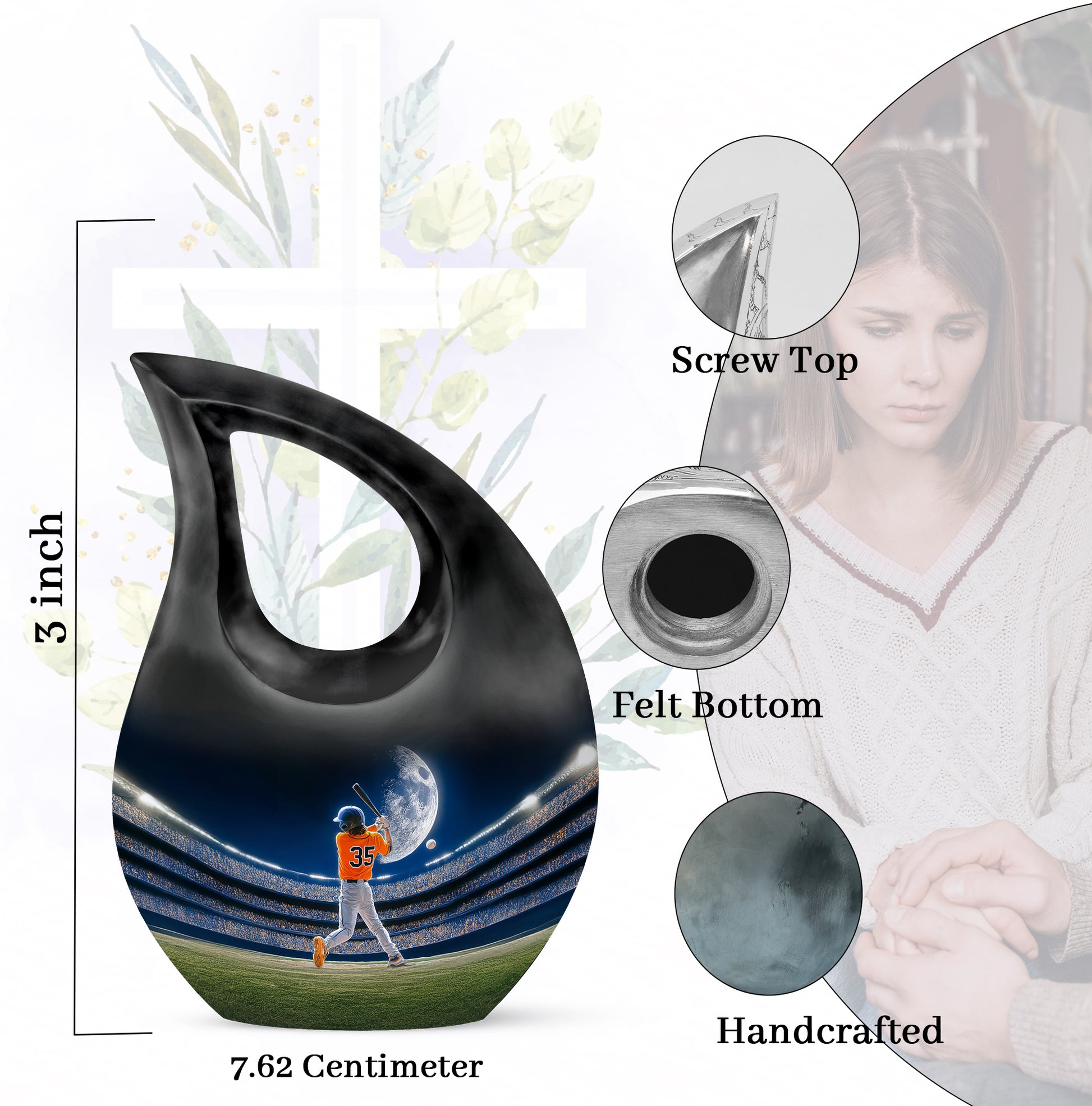 Slate Blue Baseball Cremation Urn back view with polished surface - cross and baseball combined in spiritual memorial design - mini keepsake memorial for portion of cremation ashes