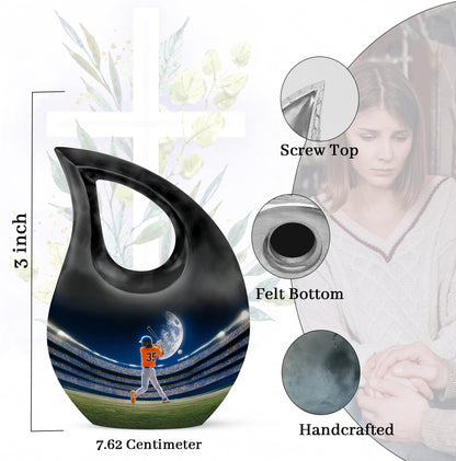 Slate Blue Baseball Cremation Urn back view with polished surface - cross and baseball combined in spiritual memorial design - mini keepsake memorial for portion of cremation ashes