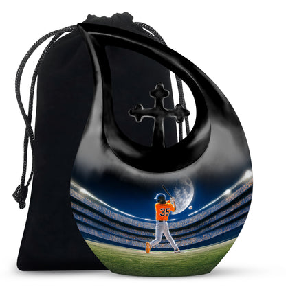 Celestial Blue Baseball Cremation Urn top-down view of secure threaded lid - cross and baseball combined in spiritual memorial design - full-size 10 inch 200 cubic inch adult cremation urn