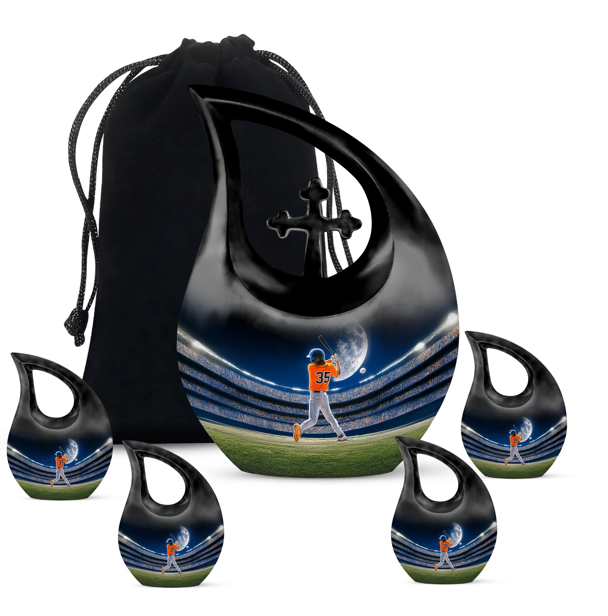 Indigo Baseball Cremation Urn urn with complimentary velvet bag - cross and baseball combined in spiritual memorial design - memorial set with one large and four small urns