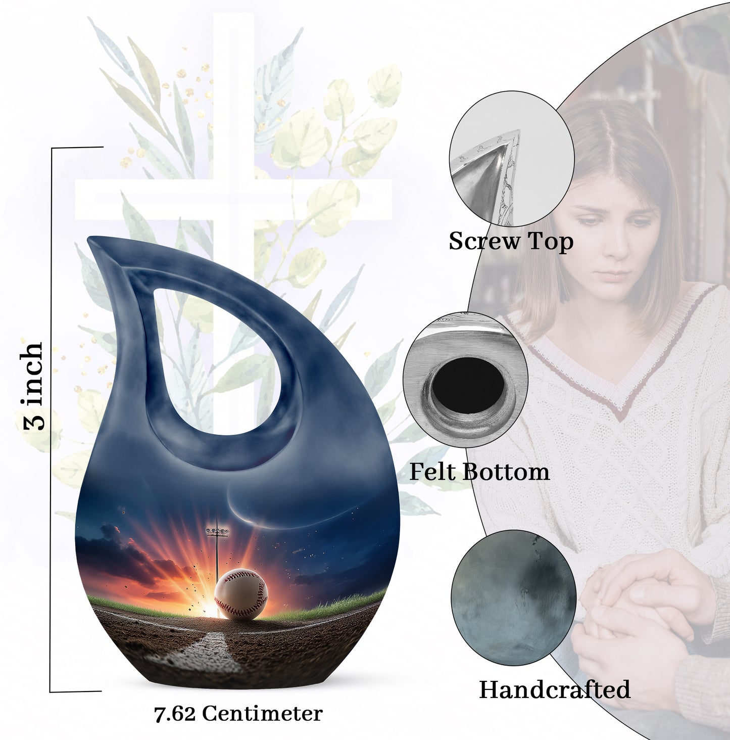 Vivid Blue Baseball Cremation Urn back view with polished surface - faith-inspired cross-drop urn with baseball pattern - mini keepsake memorial for portion of cremation ashes