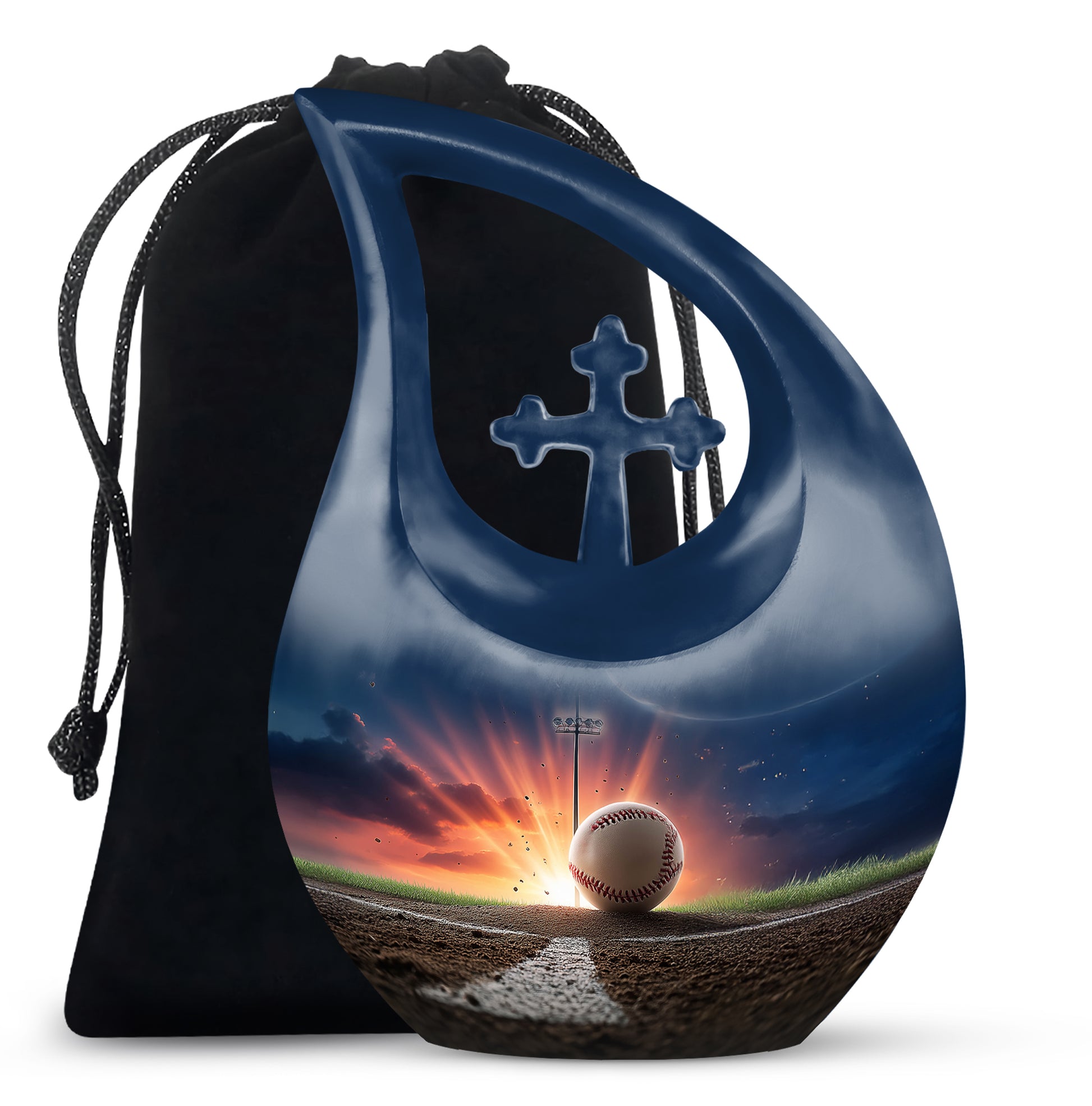Cobalt Blue Baseball Cremation Urn top-down view of secure threaded lid - faith-inspired cross-drop urn with baseball pattern - full-size 10 inch 200 cubic inch adult cremation urn