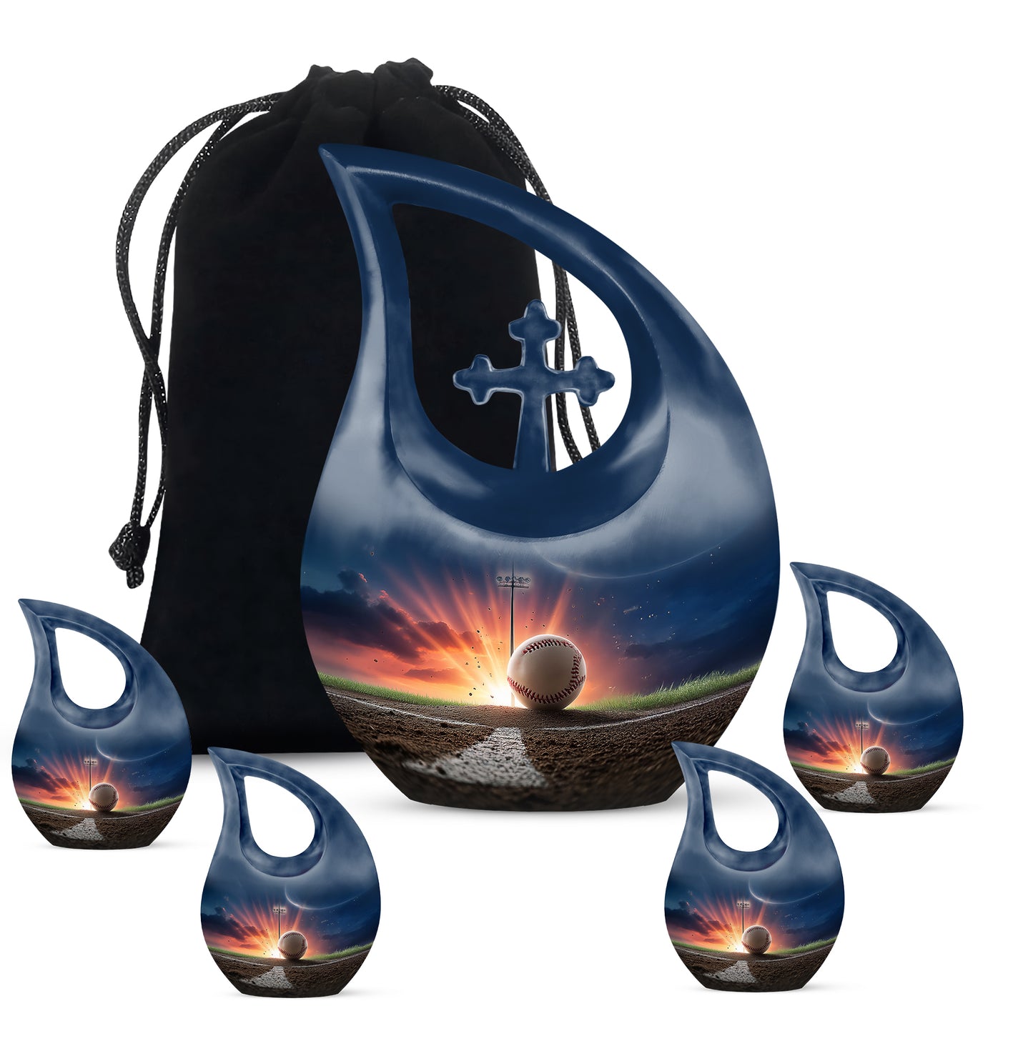 Slate Blue Baseball Cremation Urn urn with complimentary velvet bag - sacred cross merged with baseball motif on metal - memorial set with one large and four small urns