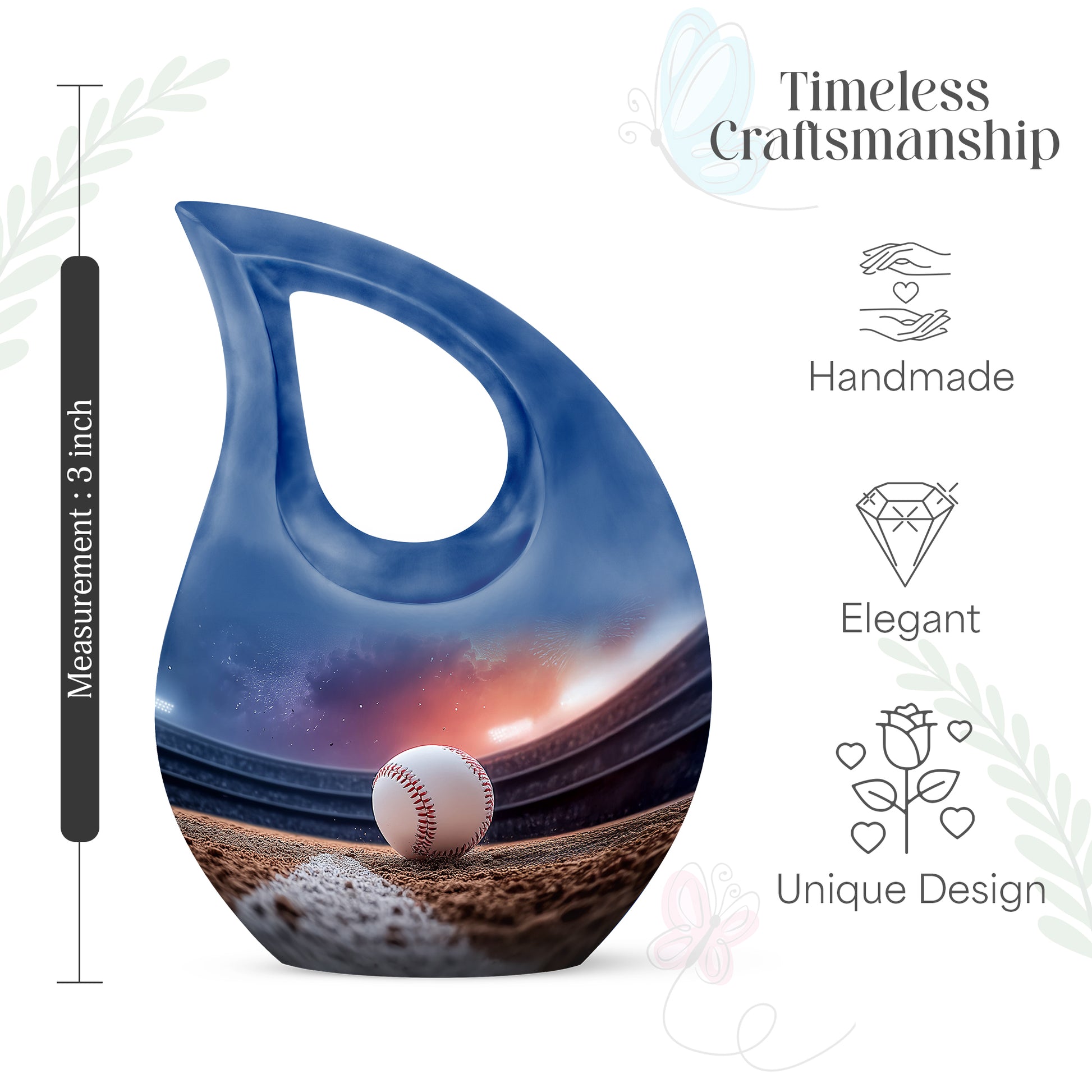 Violet Purple Baseball Cremation Urn back view with polished surface - faith-inspired cross-drop urn with baseball pattern - mini keepsake memorial for portion of cremation ashes