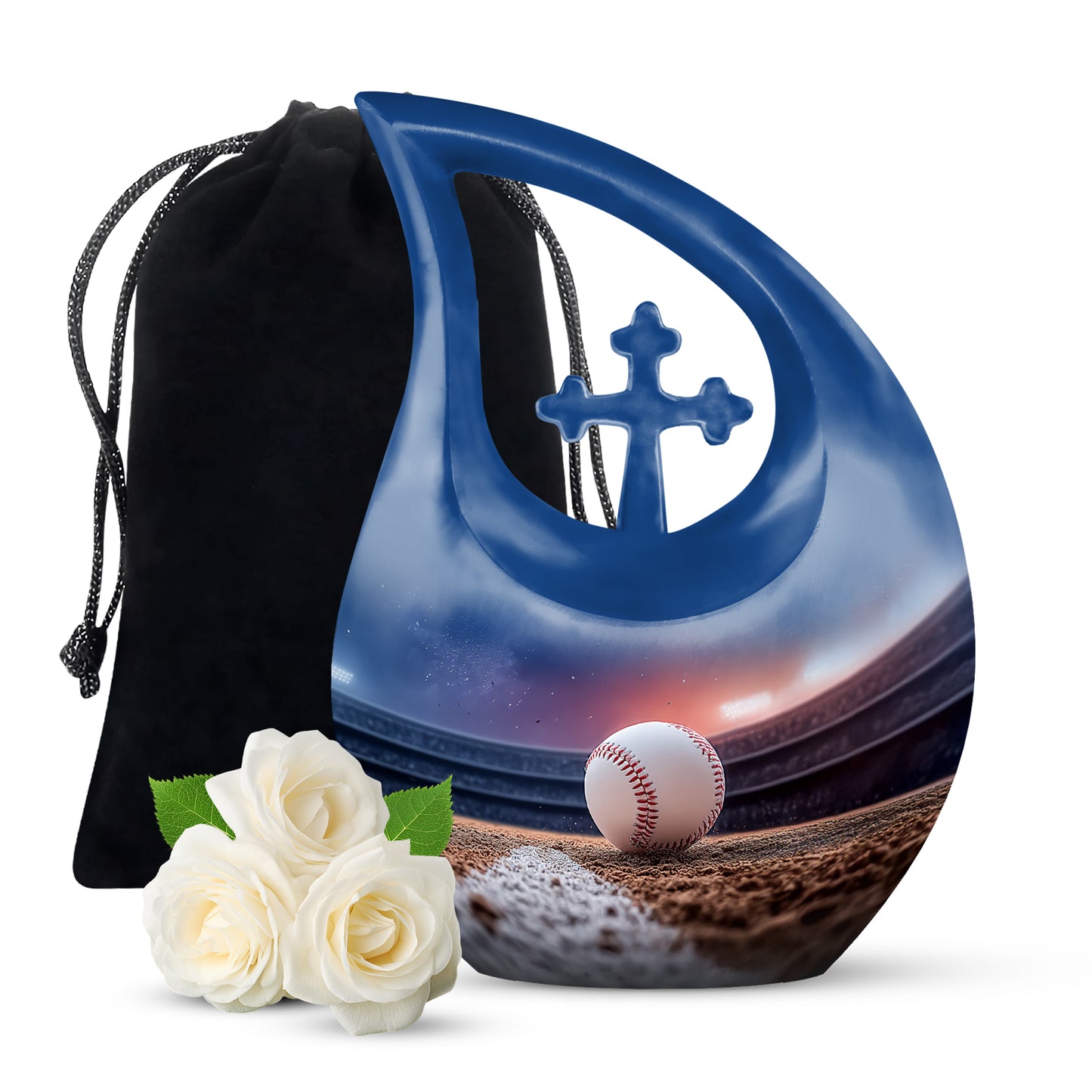 Amethyst Purple Baseball Cremation Urn top-down view of secure threaded lid - cross and baseball combined in spiritual memorial design - full-size 10 inch 200 cubic inch adult cremation urn