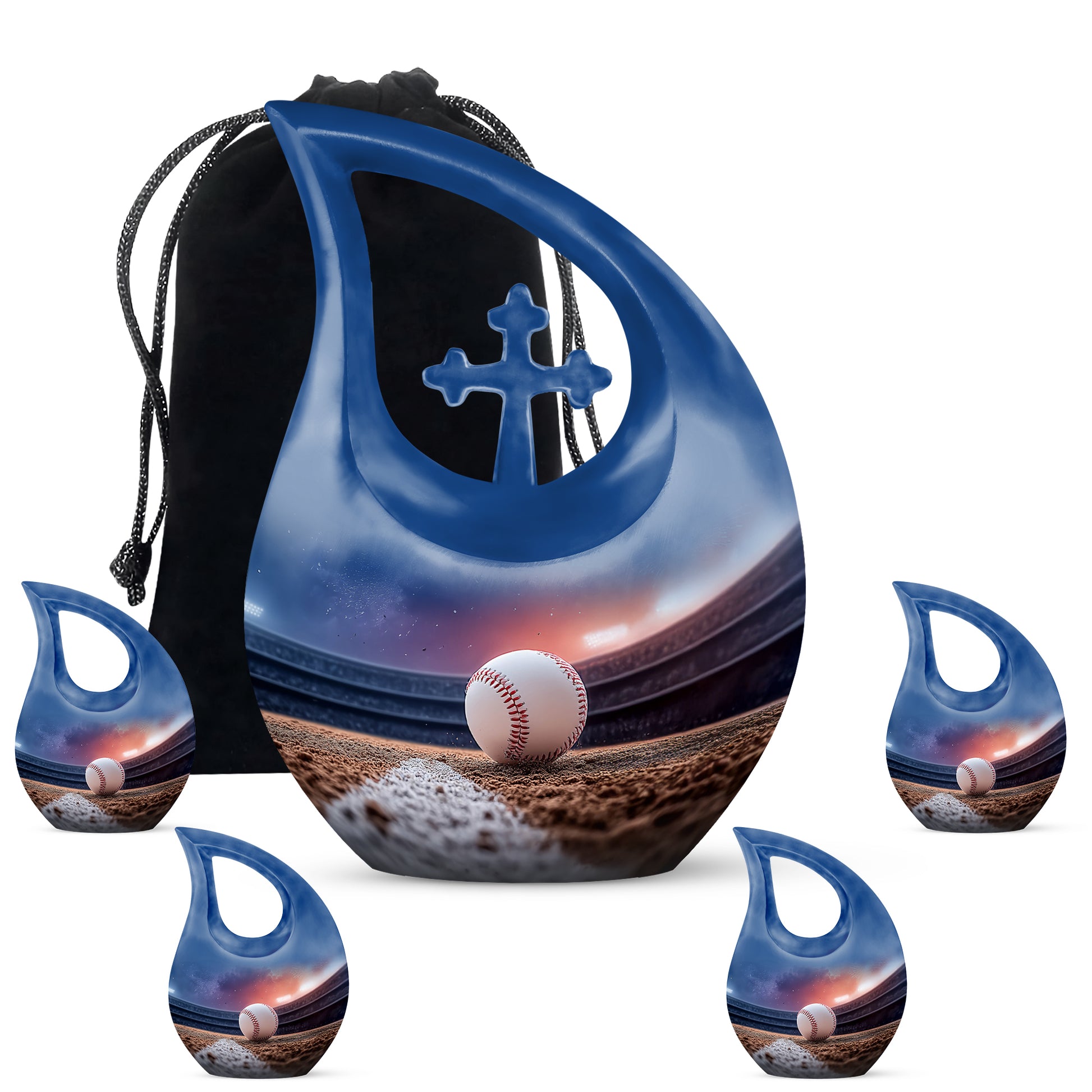 Majestic Purple Baseball Cremation Urn urn with complimentary velvet bag - sacred cross merged with baseball motif on metal - memorial set with one large and four small urns