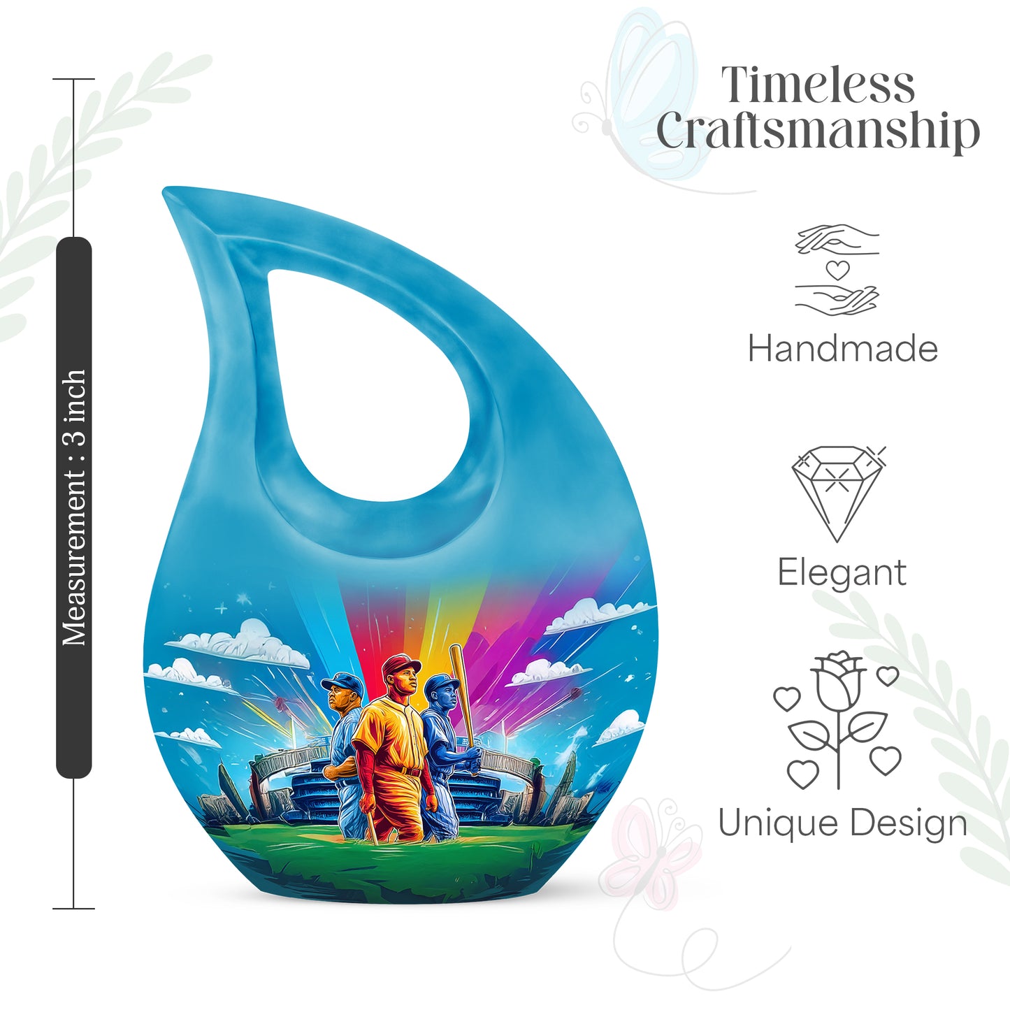 Vivid Blue Baseball Cremation Urn back view with polished surface - faith-inspired cross-drop urn with baseball pattern - mini keepsake memorial for portion of cremation ashes