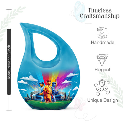 Vivid Blue Baseball Cremation Urn back view with polished surface - faith-inspired cross-drop urn with baseball pattern - mini keepsake memorial for portion of cremation ashes