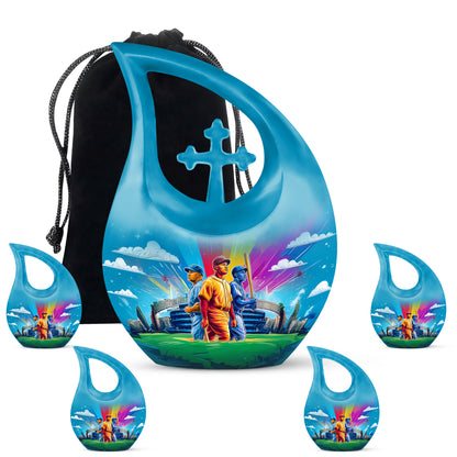 Pastel Blue Baseball Cremation Urn urn with complimentary velvet bag - sacred cross merged with baseball motif on metal - memorial set with one large and four small urns