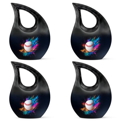 Rich Black Baseball Cremation Urn lifestyle display on memorial shelf - sacred cross merged with baseball motif on metal - 10 inch aluminum urn for cremated remains