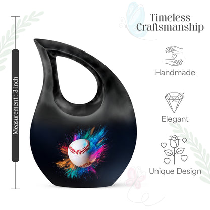 Charcoal Black Baseball Cremation Urn back view with polished surface - faith-inspired cross-drop urn with baseball pattern - mini keepsake memorial for portion of cremation ashes