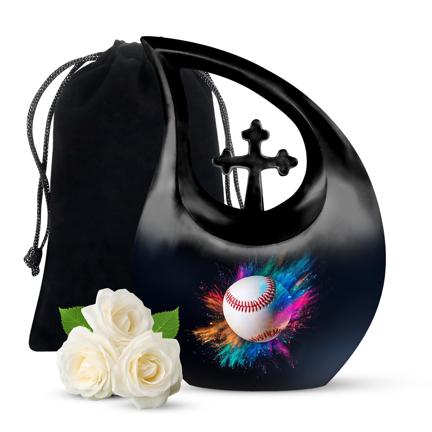 Jet Black Baseball Cremation Urn top-down view of secure threaded lid - sacred cross merged with baseball motif on metal - full-size 10 inch 200 cubic inch adult cremation urn