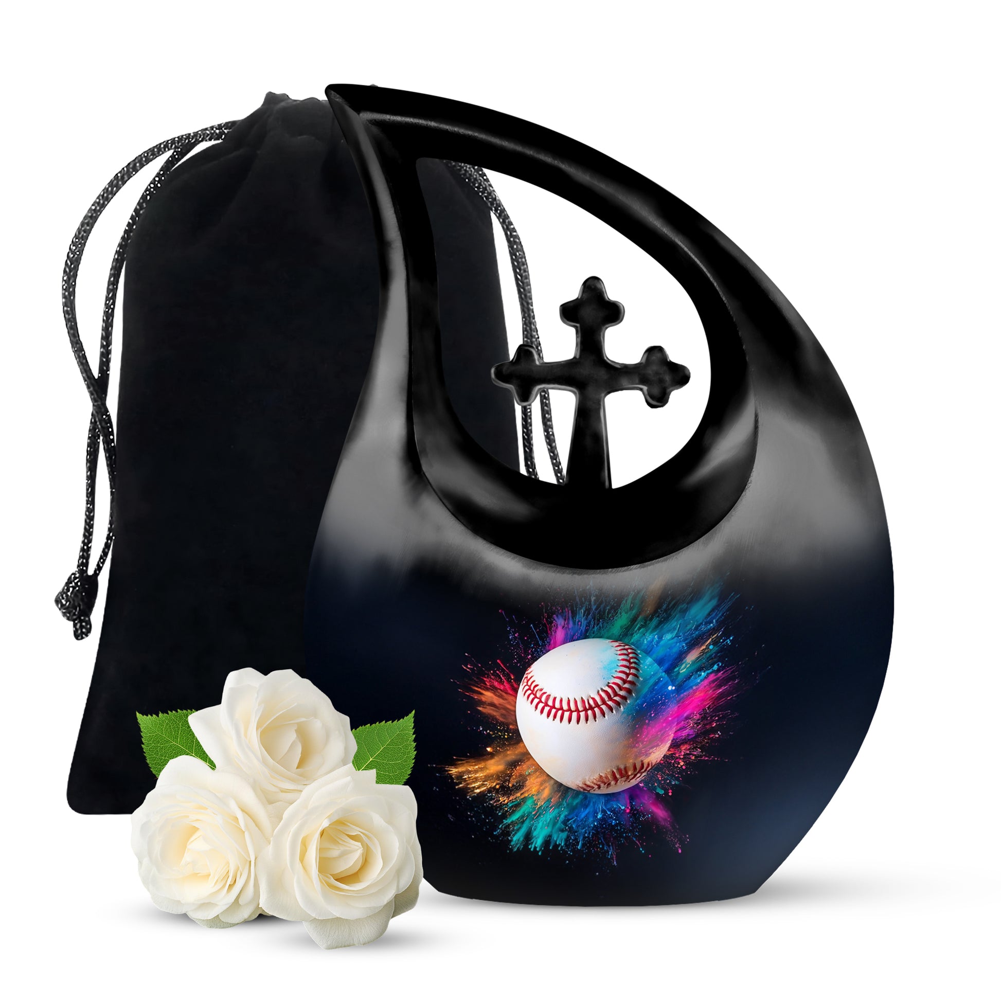 Jet Black Baseball Cremation Urn top-down view of secure threaded lid - sacred cross merged with baseball motif on metal - full-size 10 inch 200 cubic inch adult cremation urn