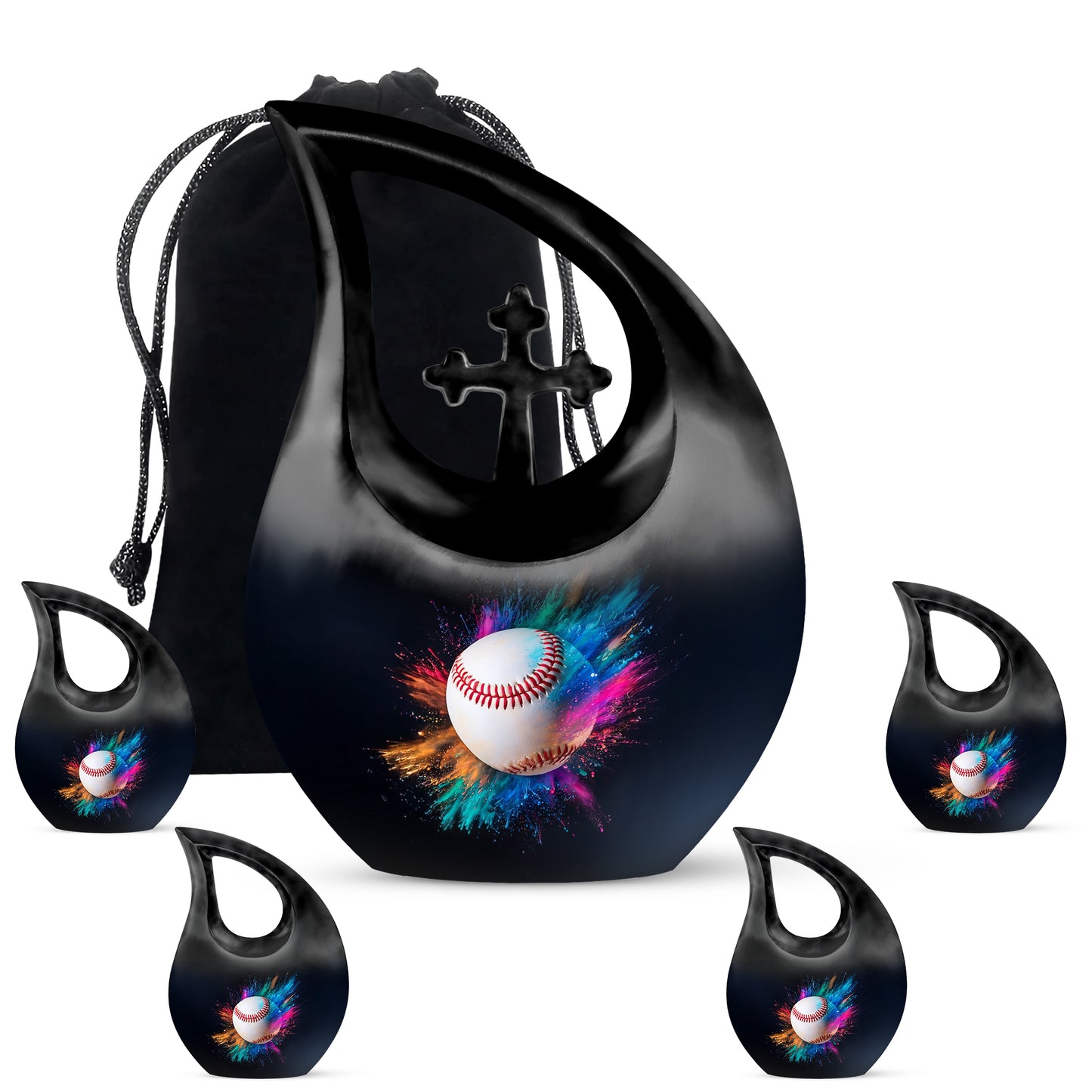 Onyx Black Baseball Cremation Urn urn with complimentary velvet bag - faith-inspired cross-drop urn with baseball pattern - memorial set with one large and four small urns