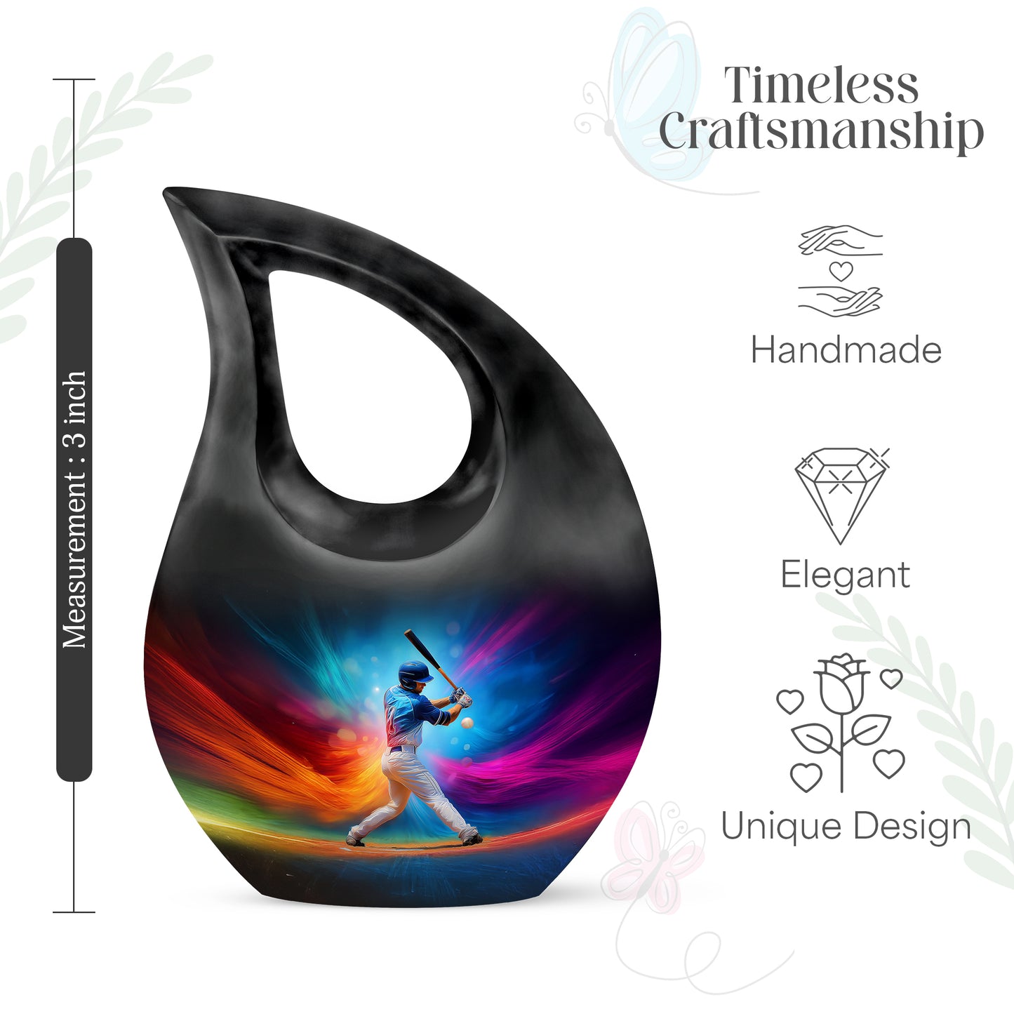 Twilight Blue Baseball Cremation Urn back view with polished surface - faith-inspired cross-drop urn with baseball pattern - mini keepsake memorial for portion of cremation ashes
