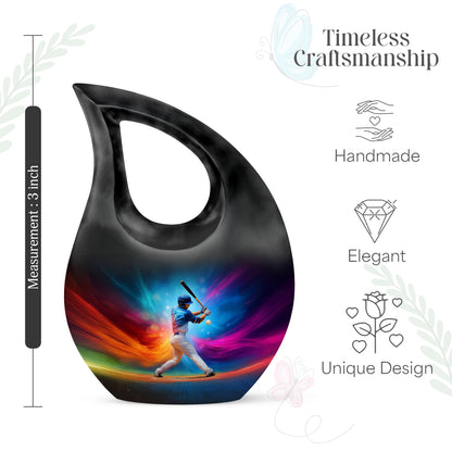 Twilight Blue Baseball Cremation Urn back view with polished surface - faith-inspired cross-drop urn with baseball pattern - mini keepsake memorial for portion of cremation ashes