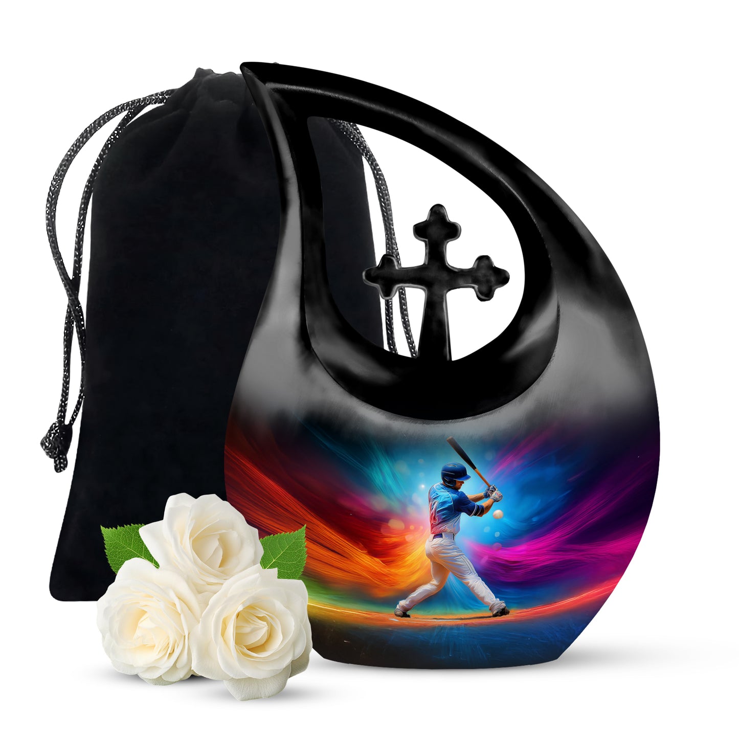 Cornflower Blue Baseball Cremation Urn top-down view of secure threaded lid - devotional cross-drop baseball engraving - full-size 10 inch 200 cubic inch adult cremation urn