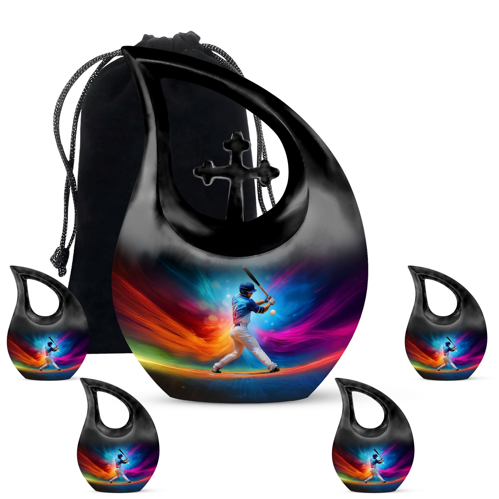 Powder Blue Baseball Cremation Urn urn with complimentary velvet bag - sacred cross merged with baseball motif on metal - memorial set with one large and four small urns