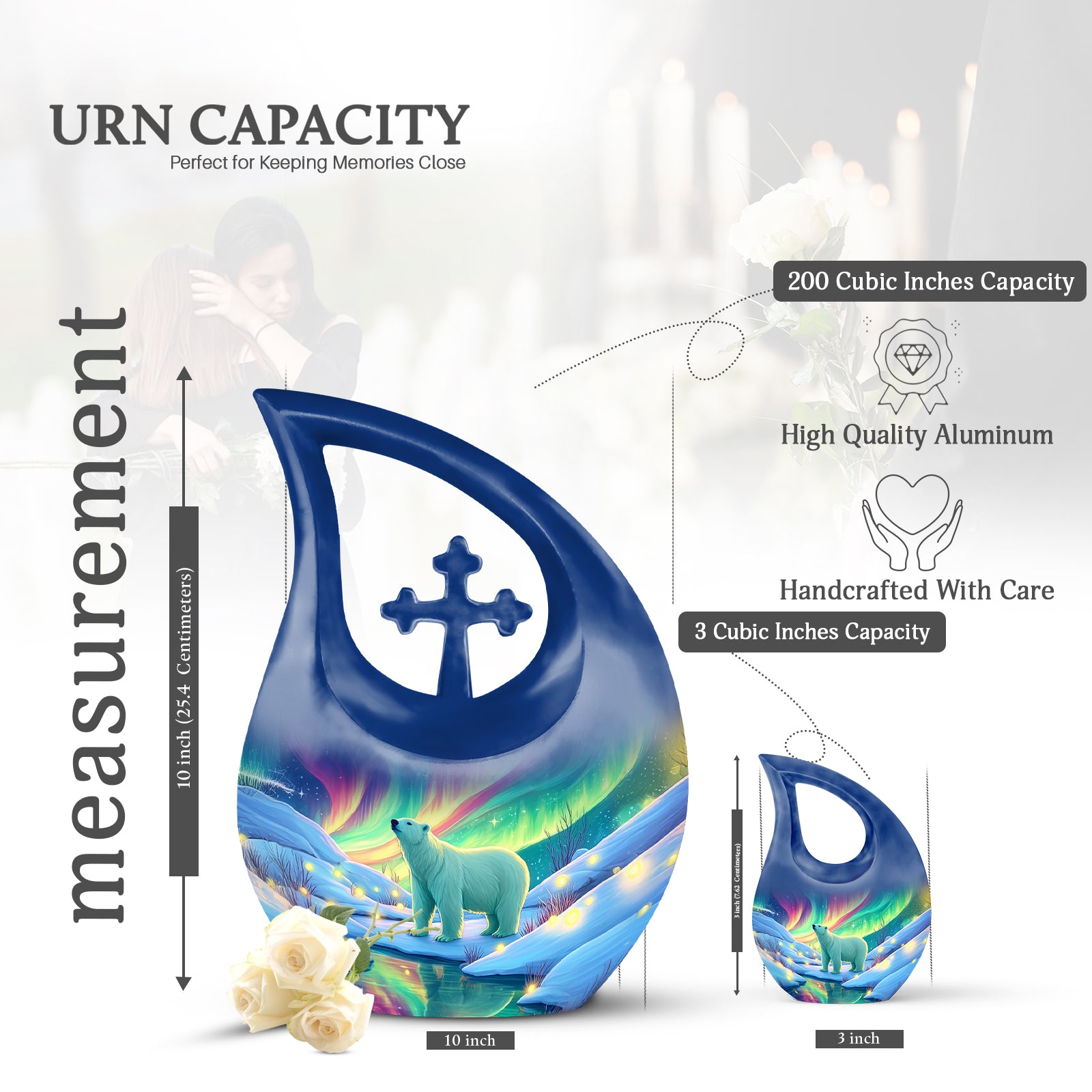 Deep Teal Bear Cremation Urn back view with polished surface - faith-inspired cross-drop urn with bear pattern - mini keepsake memorial for portion of cremation ashes