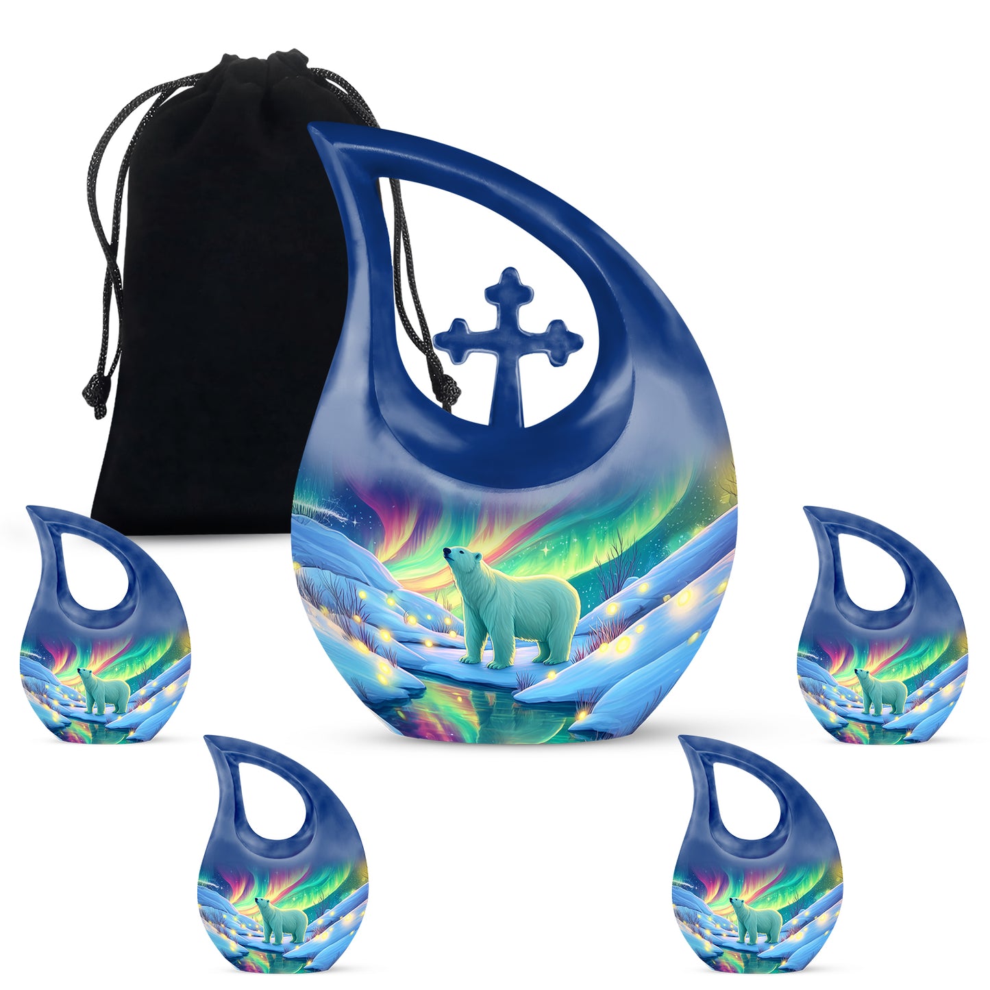Ocean Teal Bear Cremation Urn urn with complimentary velvet bag - sacred cross merged with bear motif on metal - memorial set with one large and four small urns