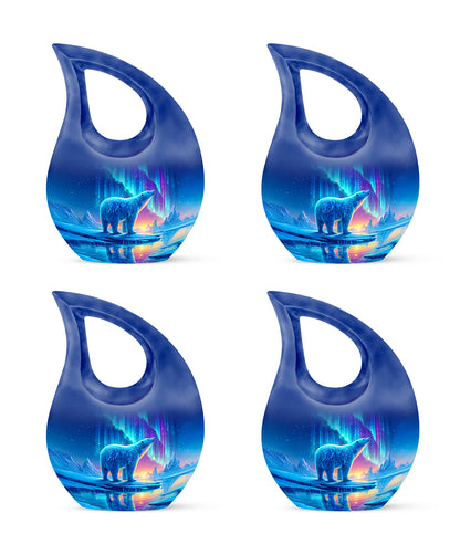 Bright Blue Bear Cremation Urn lifestyle display on memorial shelf - devotional cross-drop bear engraving - 10 inch aluminum urn for cremated remains