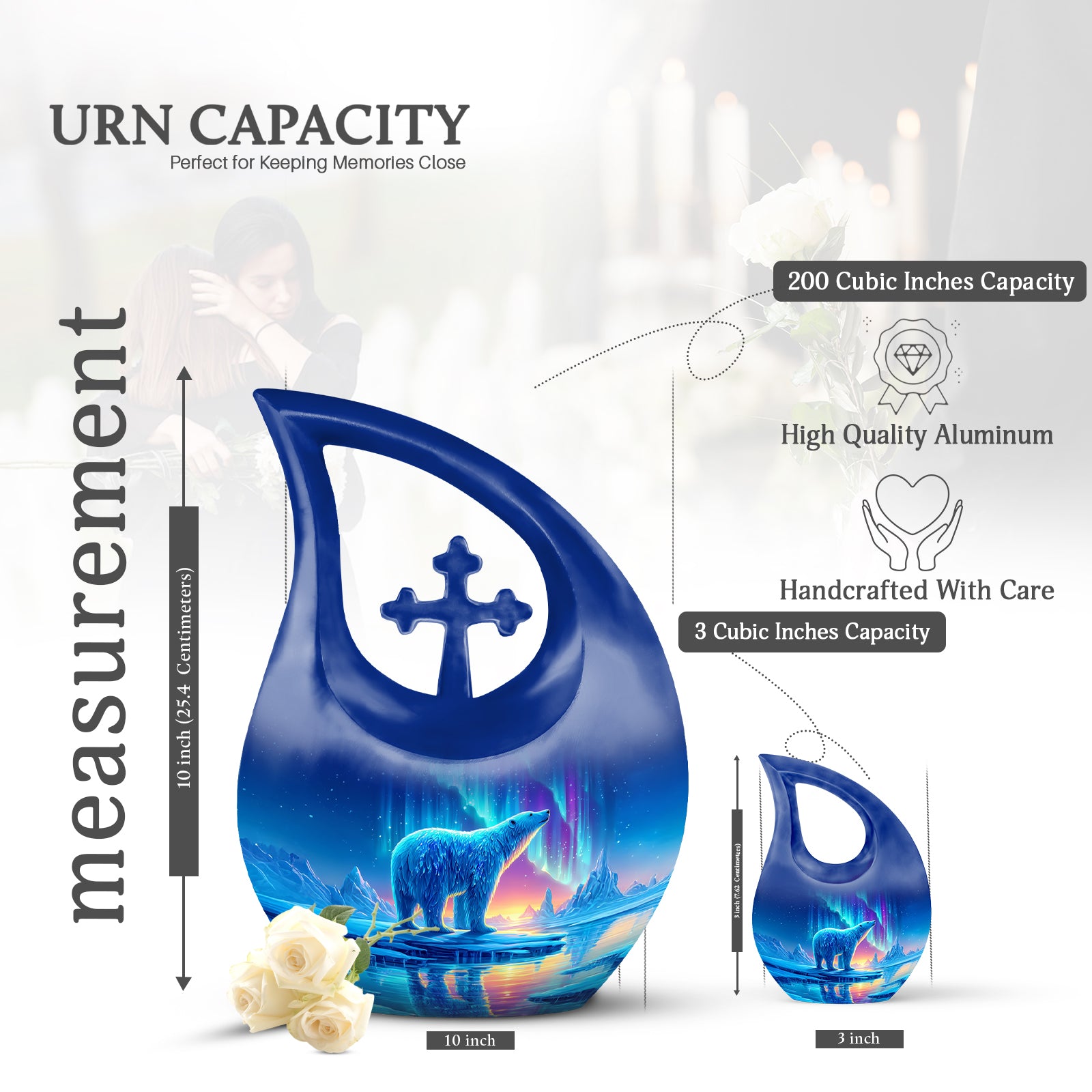 Sapphire Blue Bear Cremation Urn back view with polished surface - faith-inspired cross-drop urn with bear pattern - mini keepsake memorial for portion of cremation ashes