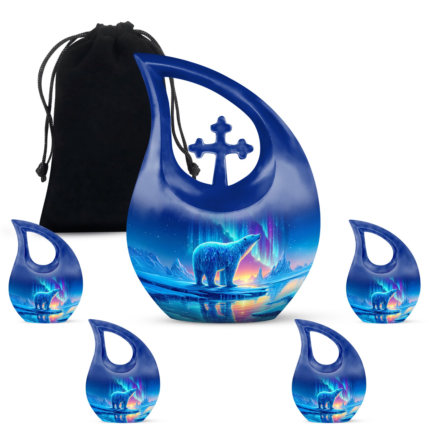 Calming Blue Bear Cremation Urn urn with complimentary velvet bag - faith-inspired cross-drop urn with bear pattern - memorial set with one large and four small urns