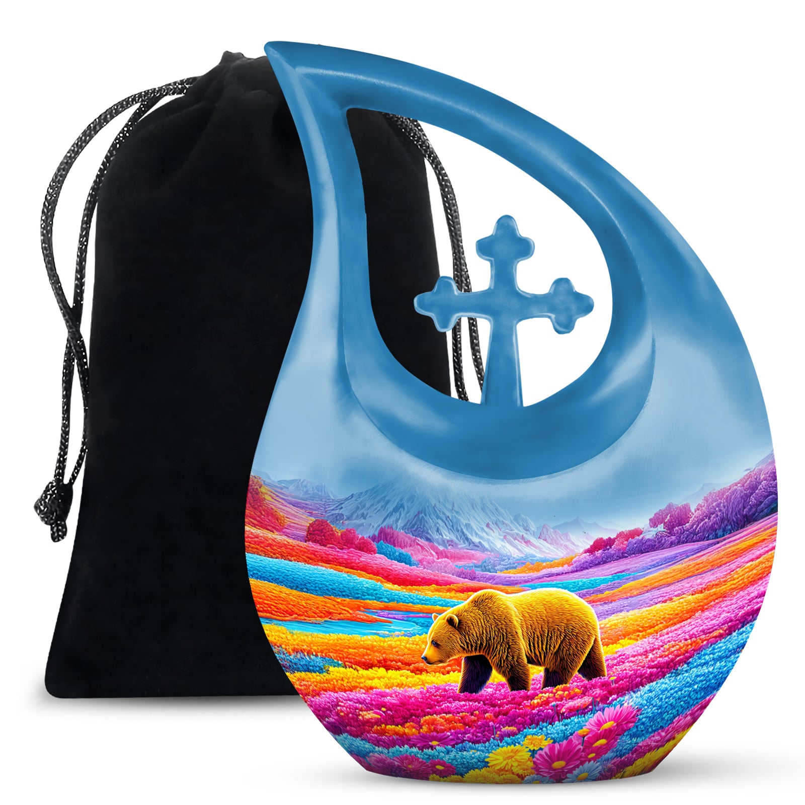 Calming Blue Bear Cremation Urn top-down view of secure threaded lid - devotional cross-drop bear engraving - full-size 10 inch 200 cubic inch adult cremation urn
