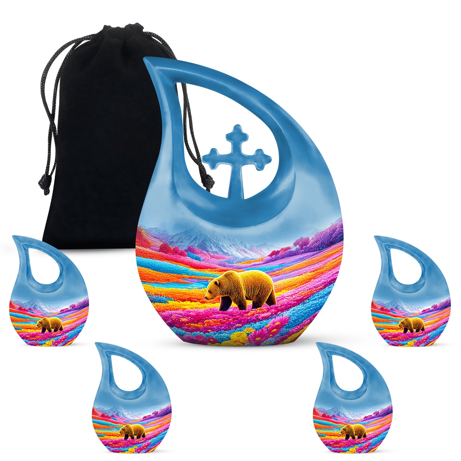 Slate Blue Bear Cremation Urn urn with complimentary velvet bag - sacred cross merged with bear motif on metal - memorial set with one large and four small urns