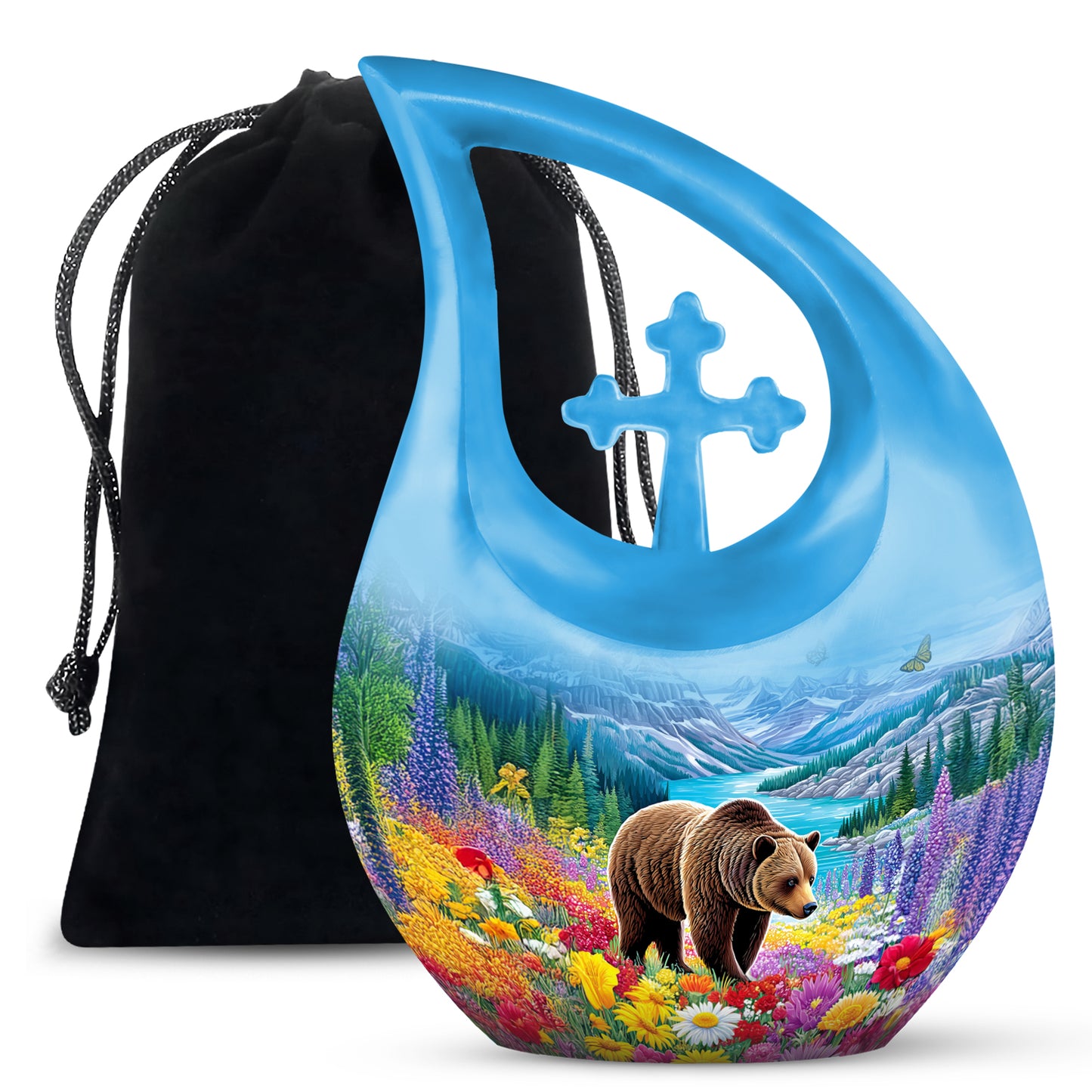 Icy Blue Bear Cremation Urn top-down view of secure threaded lid - sacred cross merged with bear motif on metal - full-size 10 inch 200 cubic inch adult cremation urn