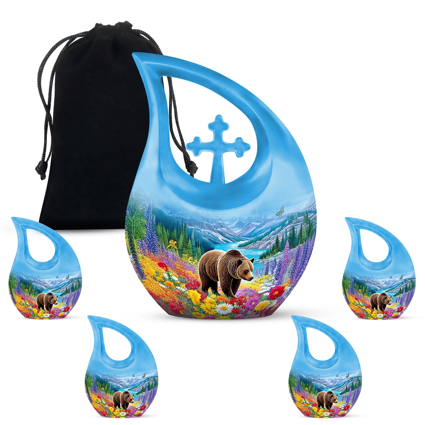 Sapphire Blue Bear Cremation Urn urn with complimentary velvet bag - devotional cross-drop bear engraving - memorial set with one large and four small urns