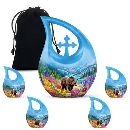 Sapphire Blue Bear Cremation Urn urn with complimentary velvet bag - devotional cross-drop bear engraving - memorial set with one large and four small urns