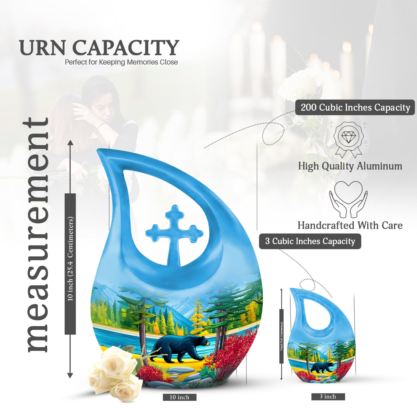 Royal Blue Bear Cremation Urn back view with polished surface - faith-inspired cross-drop urn with bear pattern - mini keepsake memorial for portion of cremation ashes