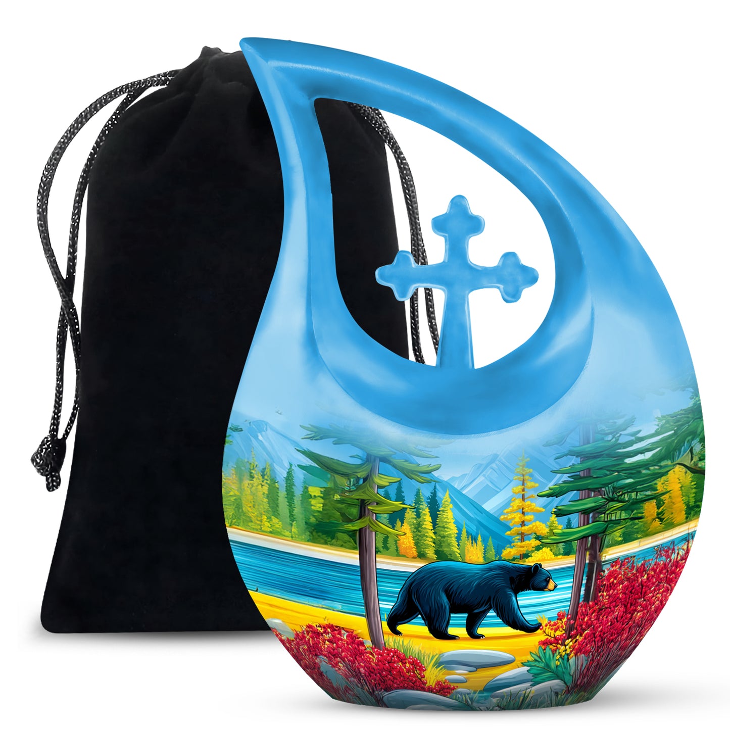 Cornflower Blue Bear Cremation Urn top-down view of secure threaded lid - faith-inspired cross-drop urn with bear pattern - full-size 10 inch 200 cubic inch adult cremation urn
