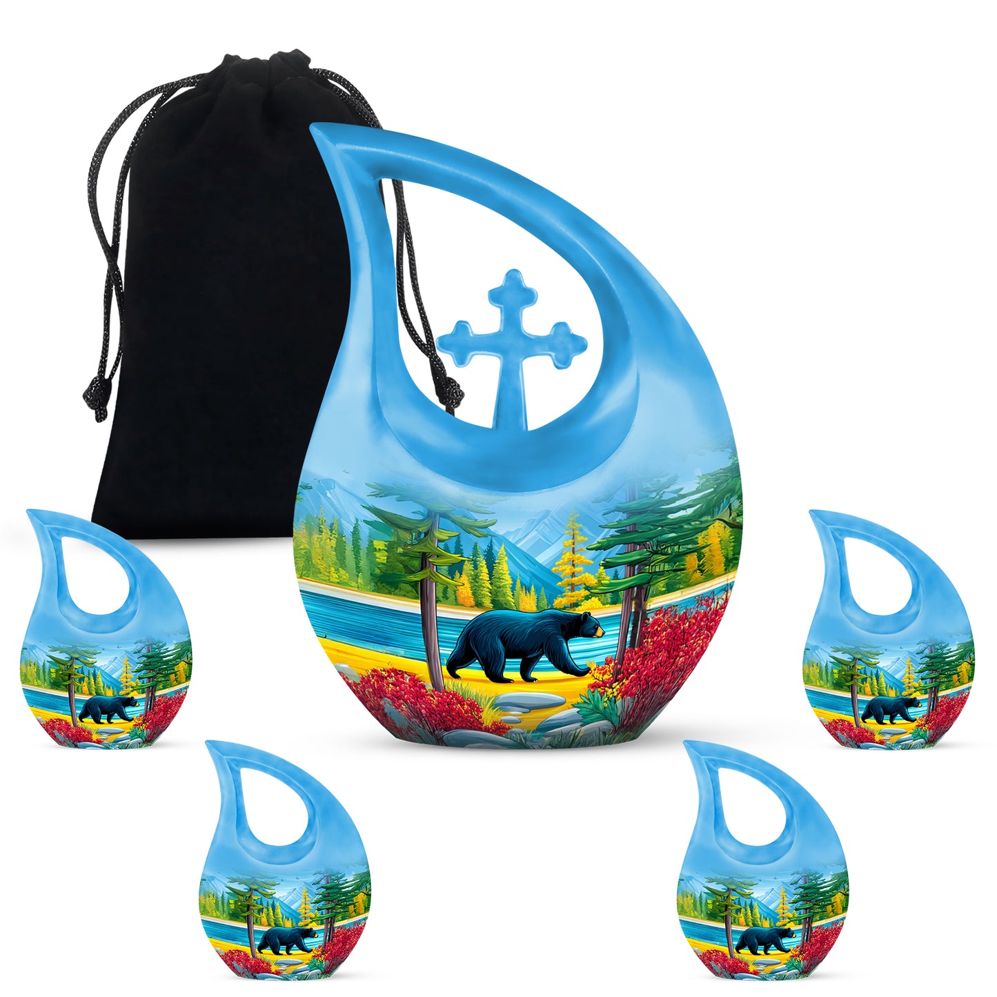 Royal Blue Bear Cremation Urn urn with complimentary velvet bag - devotional cross-drop bear engraving - memorial set with one large and four small urns