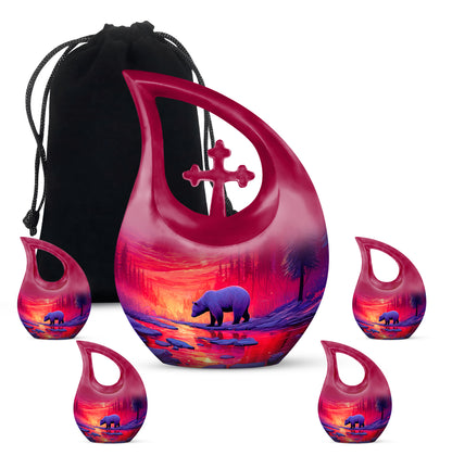 Rose Pink Bear Cremation Urn urn with complimentary velvet bag - cross and bear combined in spiritual memorial design - memorial set with one large and four small urns