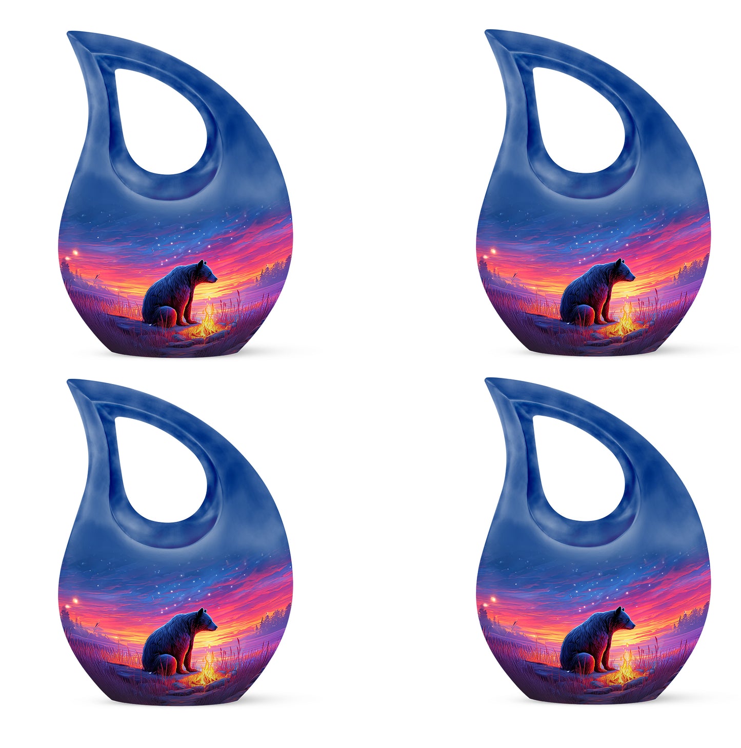 Twilight Blue Bear Cremation Urn lifestyle display on memorial shelf - faith-inspired cross-drop urn with bear pattern - 10 inch aluminum urn for cremated remains