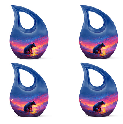 Twilight Blue Bear Cremation Urn lifestyle display on memorial shelf - faith-inspired cross-drop urn with bear pattern - 10 inch aluminum urn for cremated remains