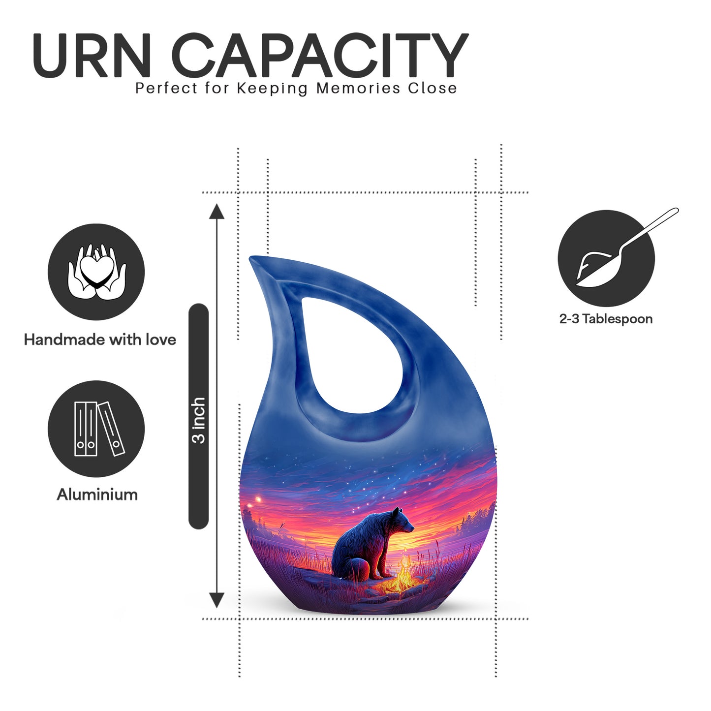 Celestial Blue Bear Cremation Urn back view with polished surface - cross and bear combined in spiritual memorial design - mini keepsake memorial for portion of cremation ashes