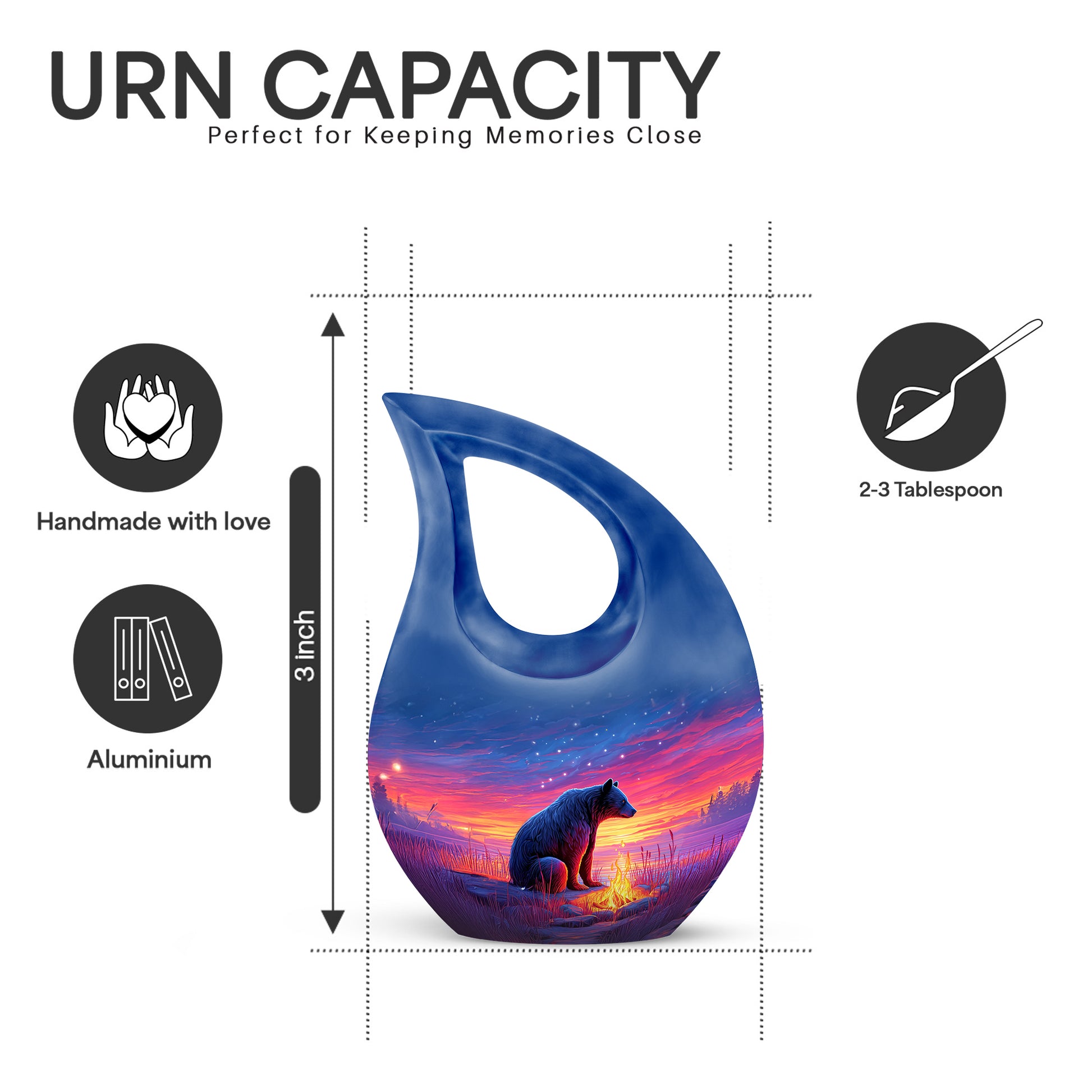 Celestial Blue Bear Cremation Urn back view with polished surface - cross and bear combined in spiritual memorial design - mini keepsake memorial for portion of cremation ashes