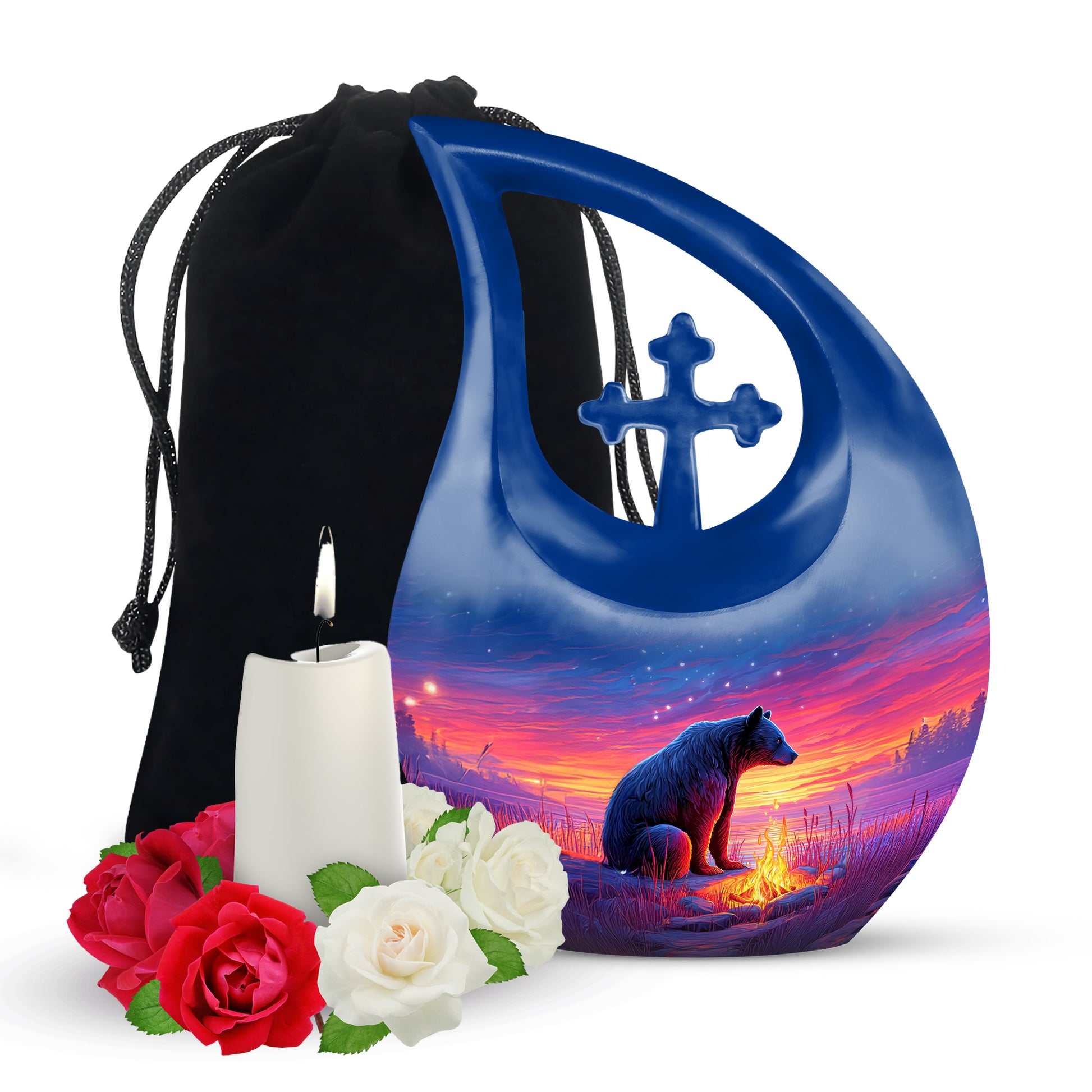 Misty Blue Bear Cremation Urn top-down view of secure threaded lid - cross and bear combined in spiritual memorial design - full-size 10 inch 200 cubic inch adult cremation urn
