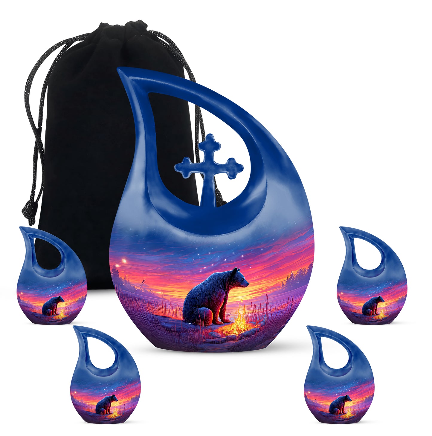 Vivid Blue Bear Cremation Urn urn with complimentary velvet bag - faith-inspired cross-drop urn with bear pattern - memorial set with one large and four small urns