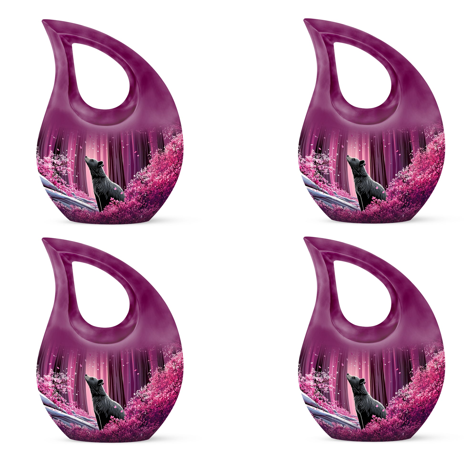 Rose Pink Bear Cremation Urn lifestyle display on memorial shelf - cross and bear combined in spiritual memorial design - 10 inch aluminum urn for cremated remains