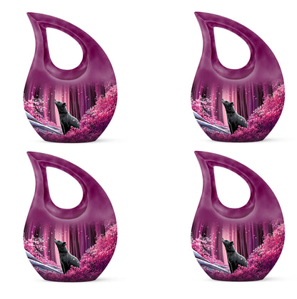 Rose Pink Bear Cremation Urn lifestyle display on memorial shelf - cross and bear combined in spiritual memorial design - 10 inch aluminum urn for cremated remains