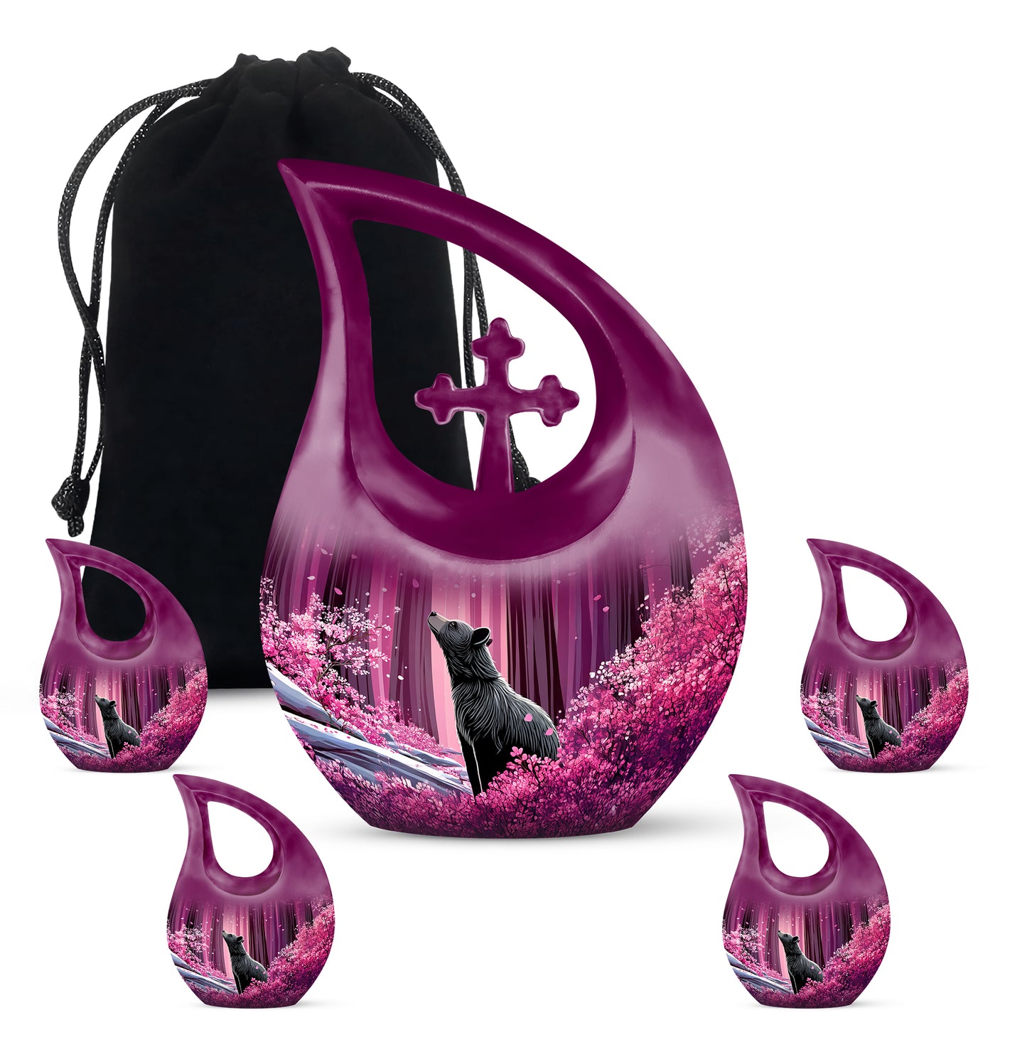 Coral Pink Bear Cremation Urn urn with complimentary velvet bag - sacred cross merged with bear motif on metal - memorial set with one large and four small urns