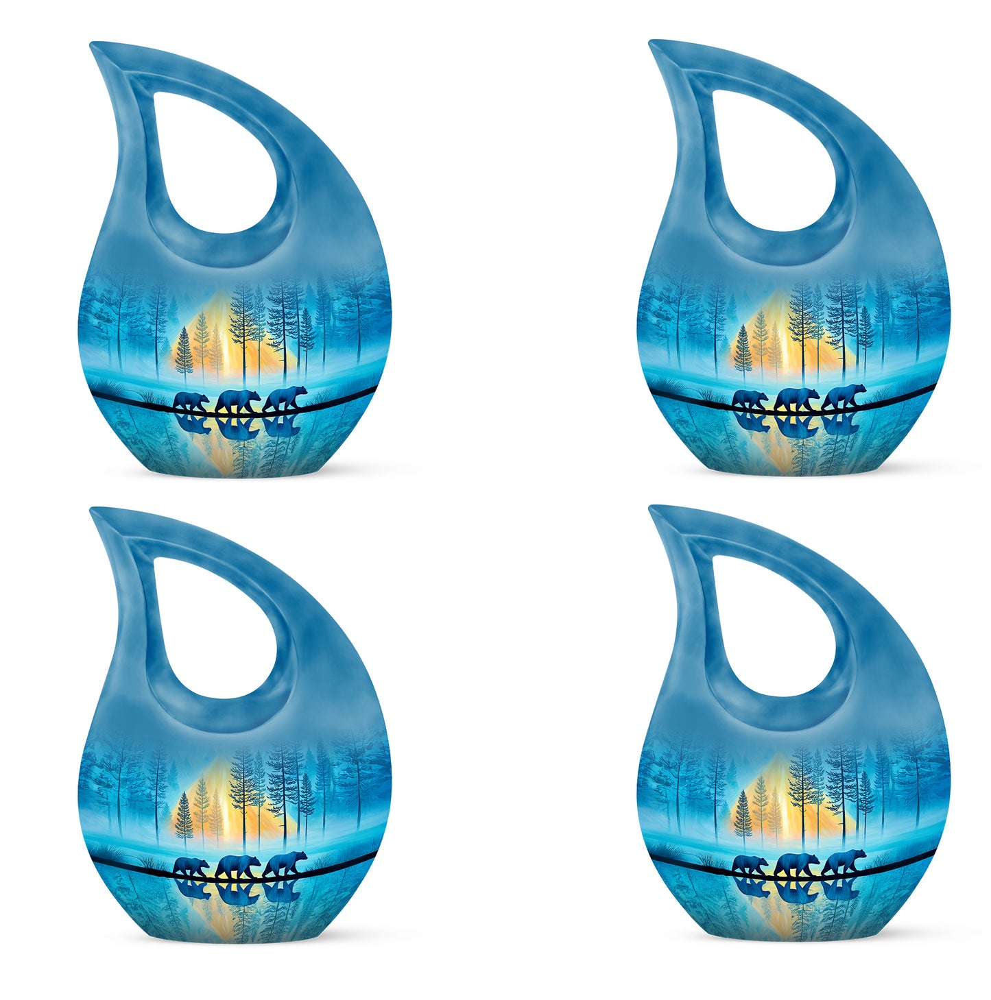 Jewel Teal Bear Cremation Urn lifestyle display on memorial shelf - sacred cross merged with bear motif on metal - 10 inch aluminum urn for cremated remains