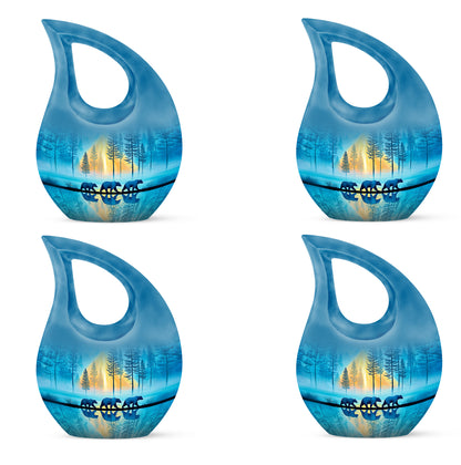 Jewel Teal Bear Cremation Urn lifestyle display on memorial shelf - sacred cross merged with bear motif on metal - 10 inch aluminum urn for cremated remains